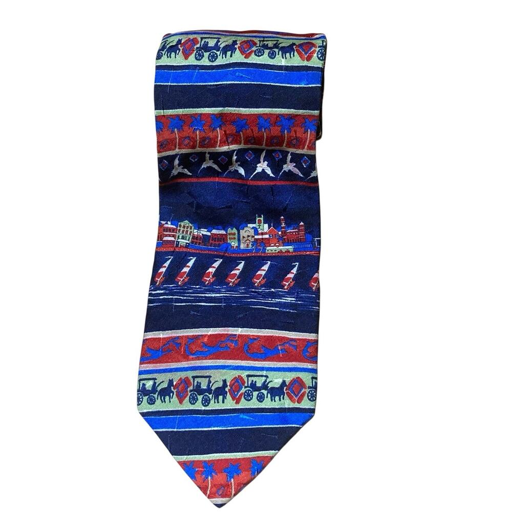 English Sports Shop‎ Bermuda Silk Tie Sailboats Palm Trees Horses Navy Blue Red